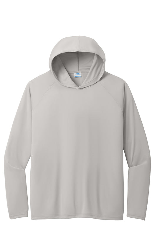 Silver Port & Co™ Performance Pullover Hooded Tee hoodie by Print-View, showing the front view with a hood and chest logo.