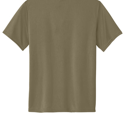 Port & Co Youth Performance Tee back view in brown — tag-free comfort, UPF50 fabric, custom printing available (Print-View).