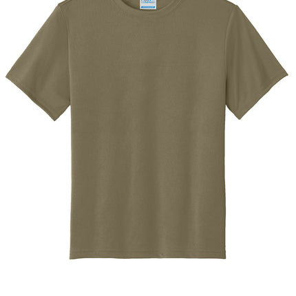 Port & Co Youth Performance Tee front view in brown — durable performance tee for kids, fast-dry, personalized printing options (Print-View).