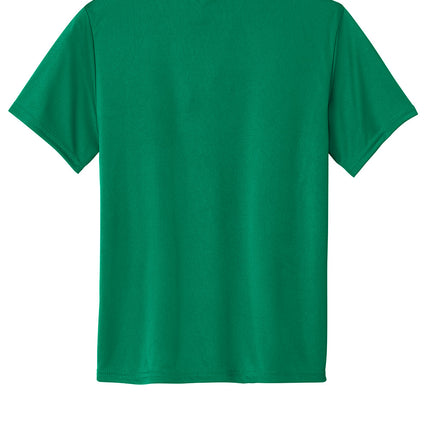 Port & Co Youth Performance Tee back view in green — UPF50 sun protection, breathable 100% polyester, custom name/number available (Print-View).