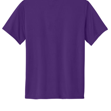 Port & Co Youth Performance Tee back view in purple — breathable 100% polyester, ideal for team customization and outdoor wear (Print-View).