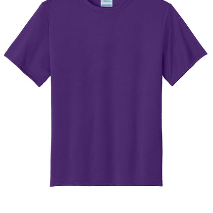 Port & Co Youth Performance Tee front view in purple — youth athletic tee, quick-dry performance, personalized printing available (Print-View).