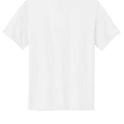 Port & Co Youth Performance Tee back view in white — tag-free comfort, UPF50 sun protection, ready for custom name/number (Print-View).