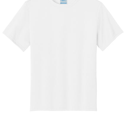 Port & Co Youth Performance Tee front view in white — lightweight 3.8 oz polyester, Dry Zone moisture-wicking, personalized option (Print-View).