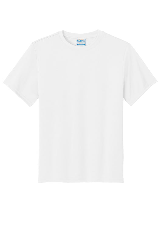 White Port & Co™ Youth Performance T-shirt for kids with a flat front, featuring a comfortable, casual fit.