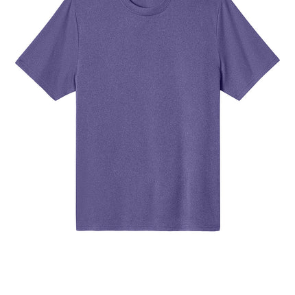 Port & Co Heather Performance Tee front view in TeamPurpleHeather– custom performance tee by Print-View, quick-dry and UPF50.
