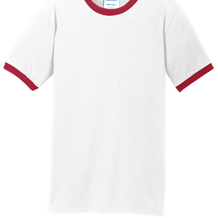 Red and white Port & Co Core Cotton Ringer Tee front view”