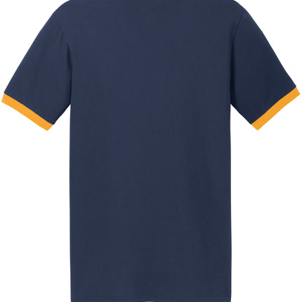Navy and gold Port & Co Core Cotton Ringer Tee back view