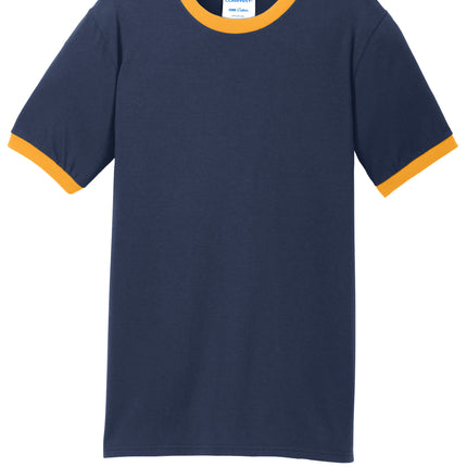Navy and gold Port & Co Core Cotton Ringer Tee front view