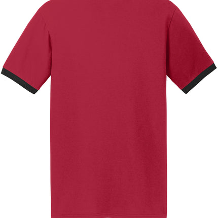 Red and black Port & Co Core Cotton Ringer Tee back view