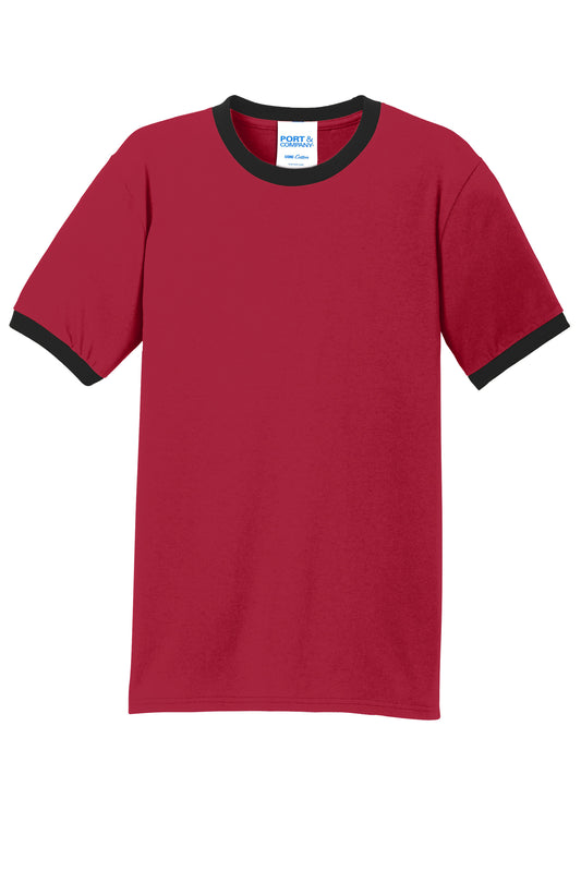 Red Port & Co™ Core Cotton Ringer T-shirt by Print-View, front view showing classic collar and contrasting neckline and sleeve bands.