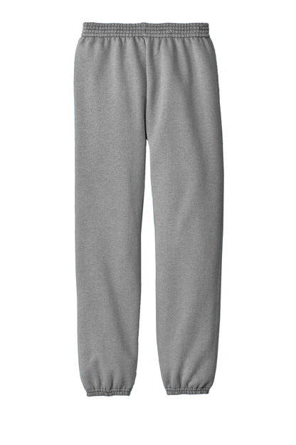 Youth Port & Co™ fleece sweatpants in athletic heather, shown flat back view, comfortable casual wear for kids.