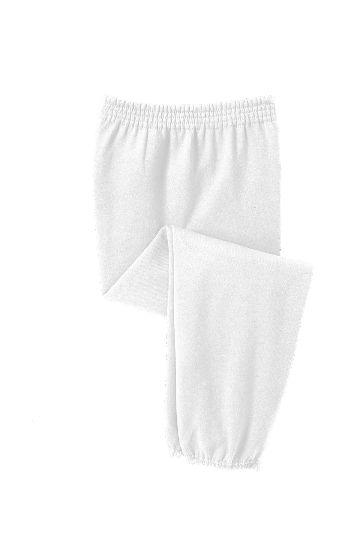 Youth Port & Co™ Core Fleece Sweatpants in white, showing a flat front view with elastic waistband and relaxed fit.