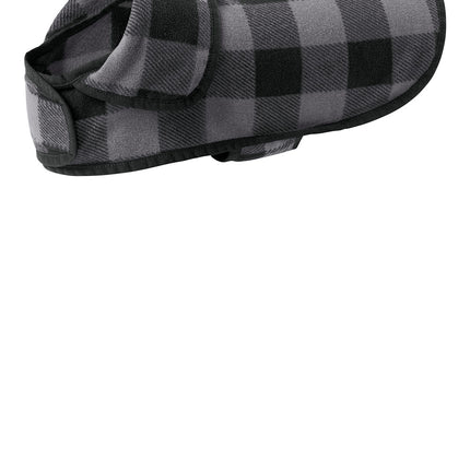 Print-View Port Authority® pet fleece jacket in grey and black buffalo check, showing the cozy, stylish fleece design on a dog.