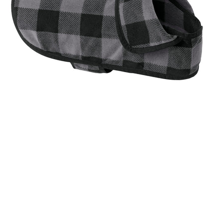 Port Authority® Pet Fleece Jacket in grey and black buffalo check, shown on a dog, with a cozy fleece exterior and stylish pattern.