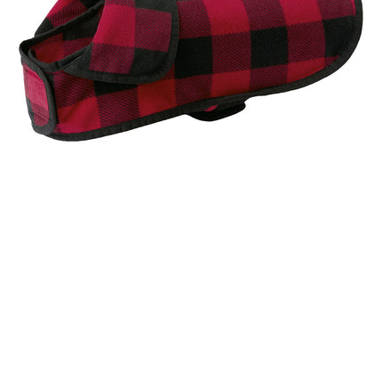 Red and black buffalo check Port Authority fleece jacket for pets, featuring a cozy fleece material and a stylish design.
