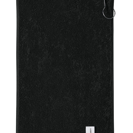 Black Port Authority grommeted hemmed towel with reinforced edges, designed for durability and versatile use.