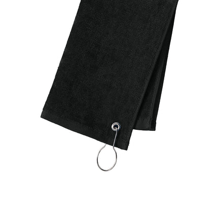 Black Port Authority® grommeted hemmed towel with reinforced edges, branded by Print-View, displayed flat with detailed stitching.