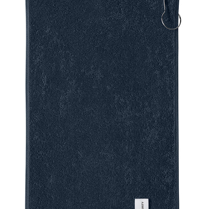 Navy Port Authority grommeted hemmed towel with printed view branding, laid flat showing hemmed edges and grommets for hanging.