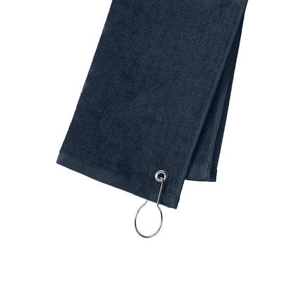 Navy Port Authority grommeted hemmed towel by Print-View, showing textured fabric and metal grommet for hanging.