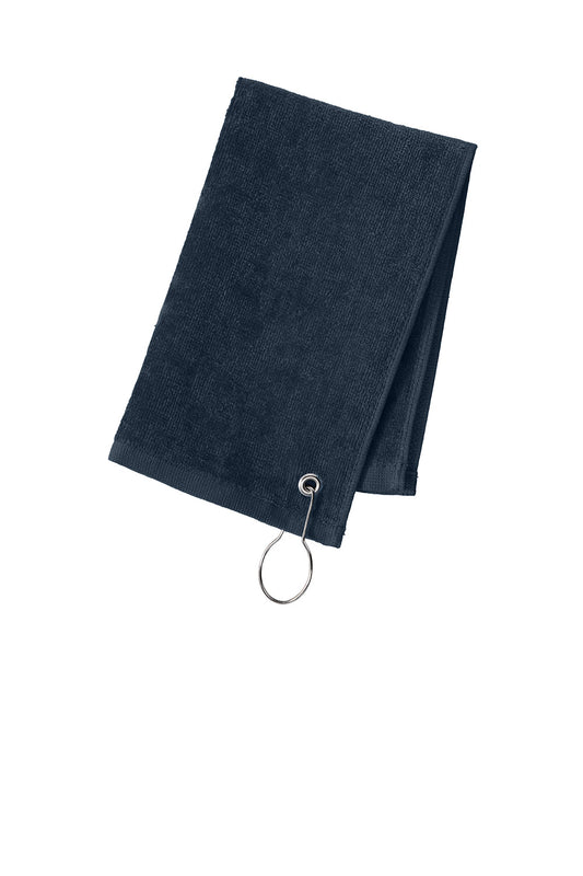 Navy Port Authority grommeted hemmed towel by Print-View, showing textured fabric and metal grommet for hanging.
