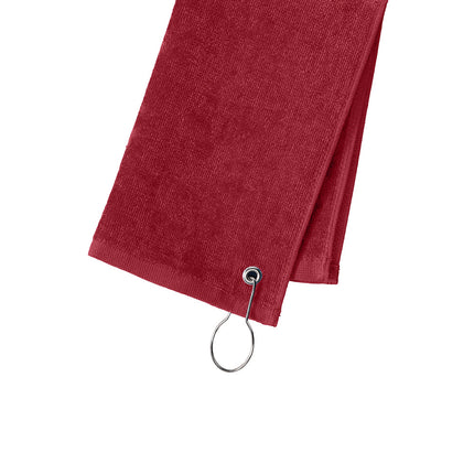 Red Port Authority grommeted hemmed towel by Print-View, with reinforced grommets and clean hemmed edges for versatile use.