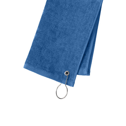 Royal blue Port Authority grommeted hemmed towel with reinforced grommets and neatly stitched edges, ideal for sports or outdoor use.