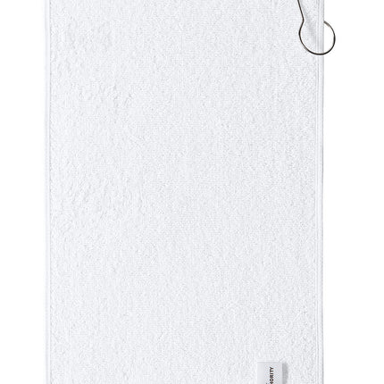White Port Authority grommeted hemmed towel with reinforced edges, ideal for sports or gym use, branded by Print-View.