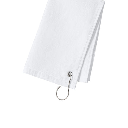 White Port Authority grommeted hemmed towel with stitched edges, ideal for drying or promotional use, branded by Print-View.