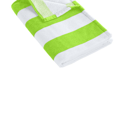 Bright lime Port Authority Value Cabana Stripe beach towel with colorful stripe pattern, made by Print View, spread out on the beach.
