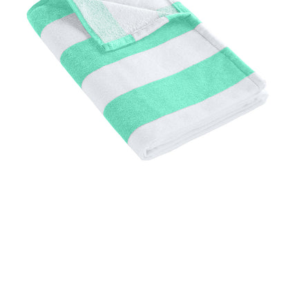 Bright seafoam Port Authority ® Value Cabana Stripe beach towel with colorful striped pattern, laid flat for display.