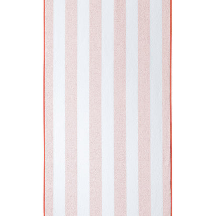 Print View Port Authority Value Cabana Stripe Beach Towel with vibrant orange and white striped pattern, laid flat on the beach.