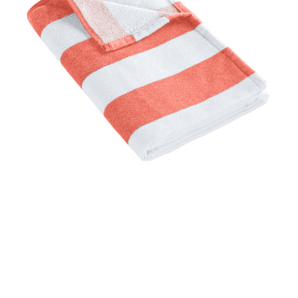 Print View Port Authority Value Cabana Stripe Beach Towel with vibrant papaya and white stripe pattern, laid flat for display.