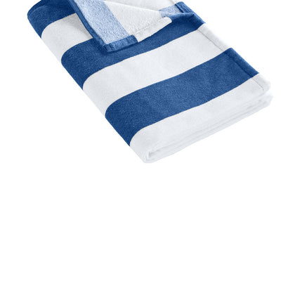 Royal blue Port Authority Value Cabana Stripe beach towel with white stripes, made by Print View, shown laid out on the sand.