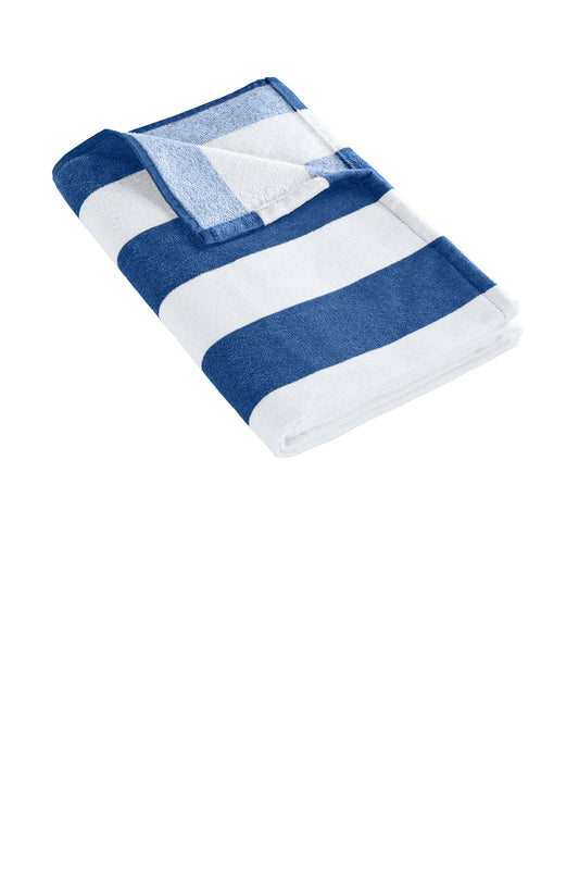 Royal blue Port Authority Value Cabana Stripe beach towel with white stripes, made by Print View, shown laid out on the sand.