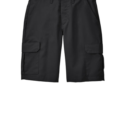Black Red Kap® Industrial Cargo Short front view showing multiple cargo pockets and durable fabric for workwear.