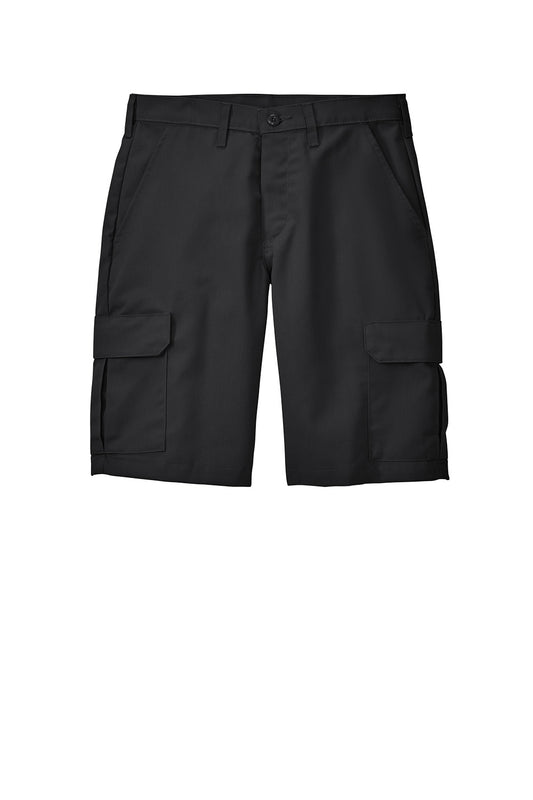 Black Red Kap® Industrial Cargo Short front view showing multiple cargo pockets and durable fabric for workwear.