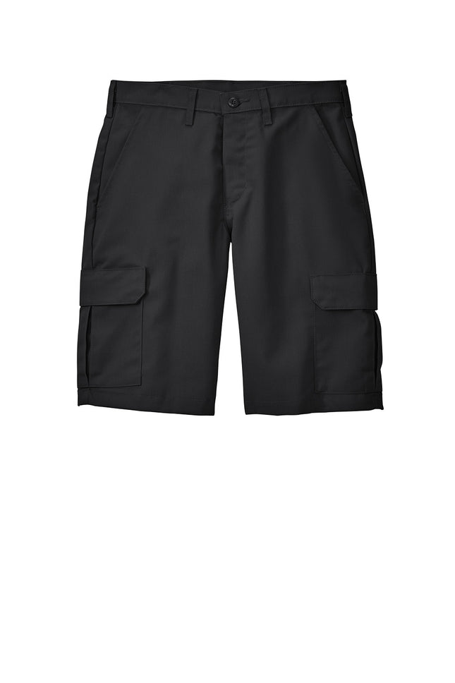 Black Red Kap® Industrial Cargo Short front view showing multiple cargo pockets and durable fabric for workwear.