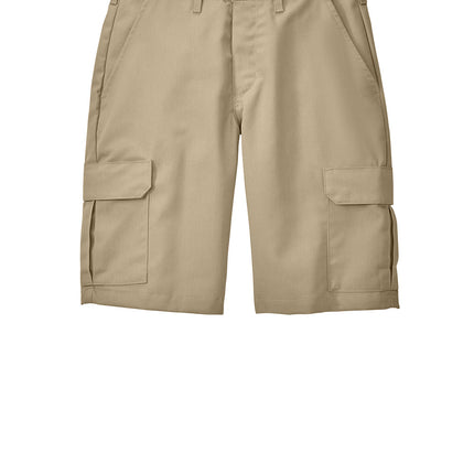 Red Kap® industrial cargo short in khaki, front view showing multiple pockets and durable fabric designed for workwear.