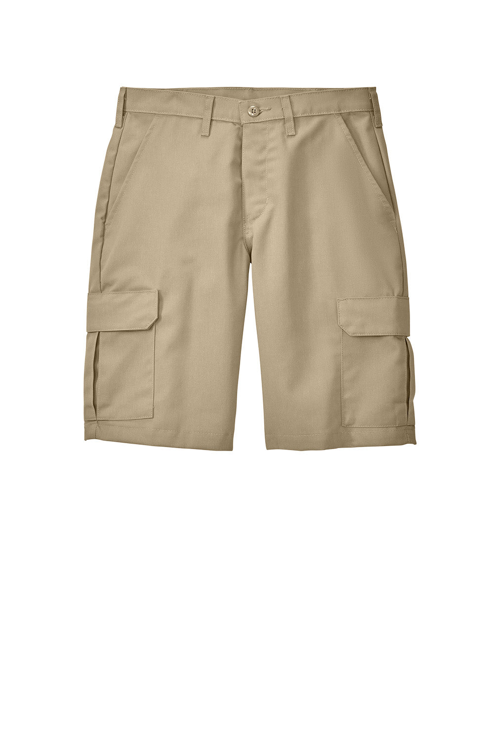 Print-View Red Kap® industrial cargo short in khaki, front view showing multiple cargo pockets and durable fabric.