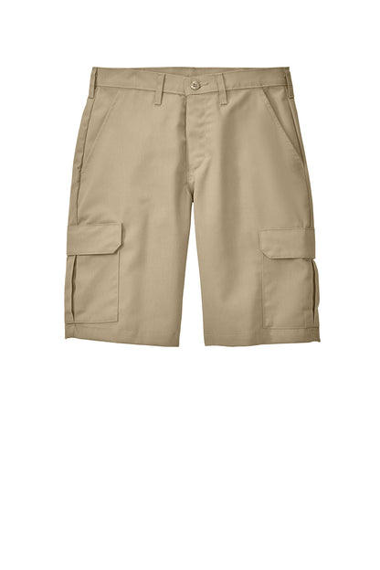 Print-View Red Kap® industrial cargo short in khaki, front view showing multiple cargo pockets and durable fabric.