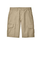 Print-View Red Kap® industrial cargo short in khaki, front view showing multiple cargo pockets and durable fabric.