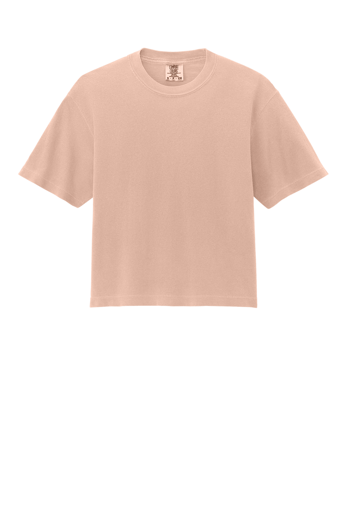 Comfort Colors women's peach heavy-weight garment-dyed boxy crop tee with relaxed fit and custom print.