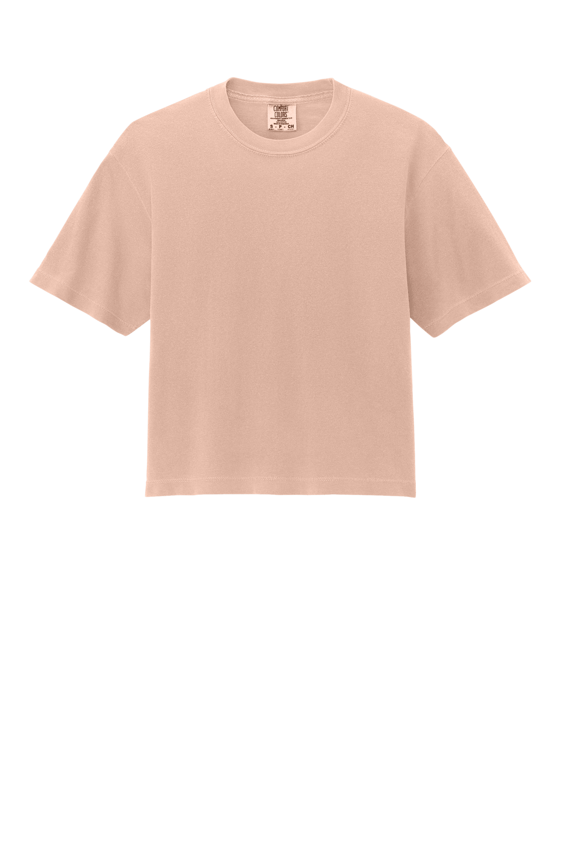 Comfort Colors women's peach heavy-weight garment-dyed boxy crop tee with relaxed fit and custom print.
