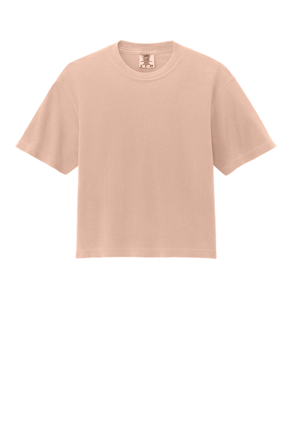 Comfort Colors women's peach heavy-weight garment-dyed boxy crop tee with relaxed fit and custom print.