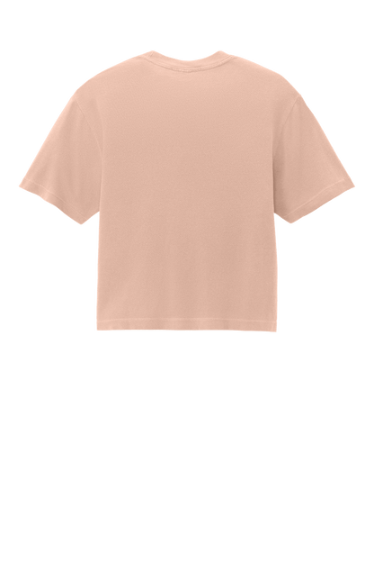 Comfort Colors women's peach heavy-weight boxy crop top with garment-dyed finish and custom print back, relaxed fit.