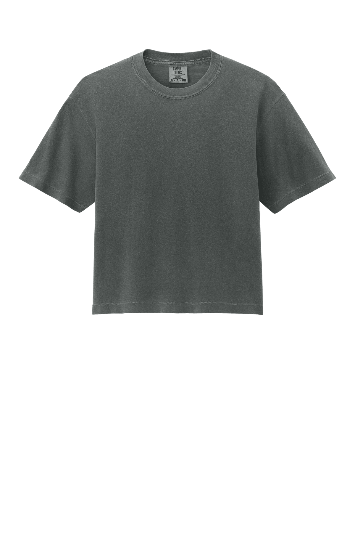 Comfort Colors women's heavyweight boxy crop top in pepper, garment-dyed, relaxed fit with custom print.