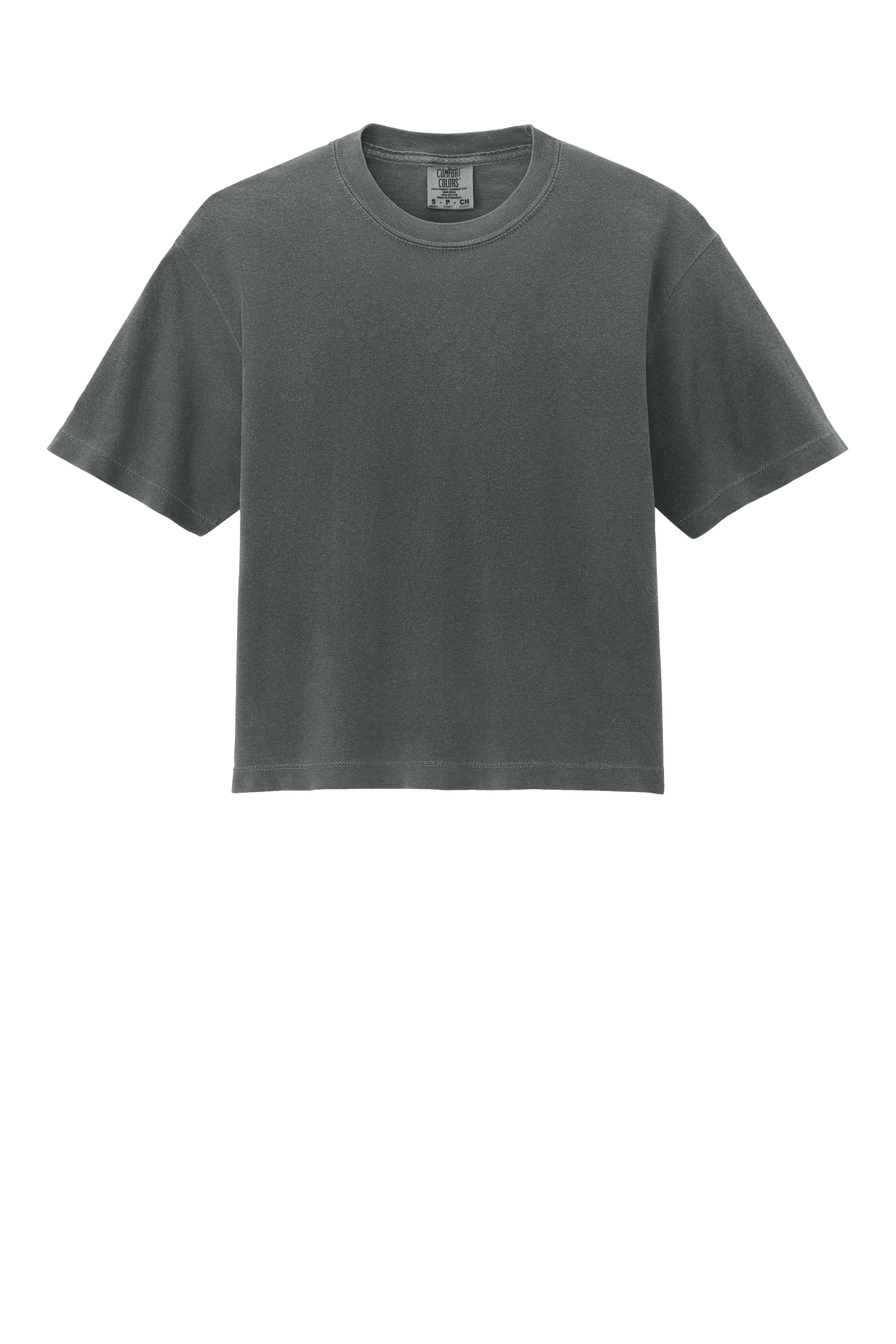Comfort Colors women's heavyweight boxy crop top in pepper, garment-dyed, relaxed fit with custom print.
