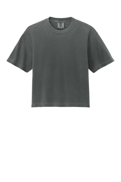 Comfort Colors women's heavyweight boxy crop top in pepper, garment-dyed, relaxed fit with custom print.