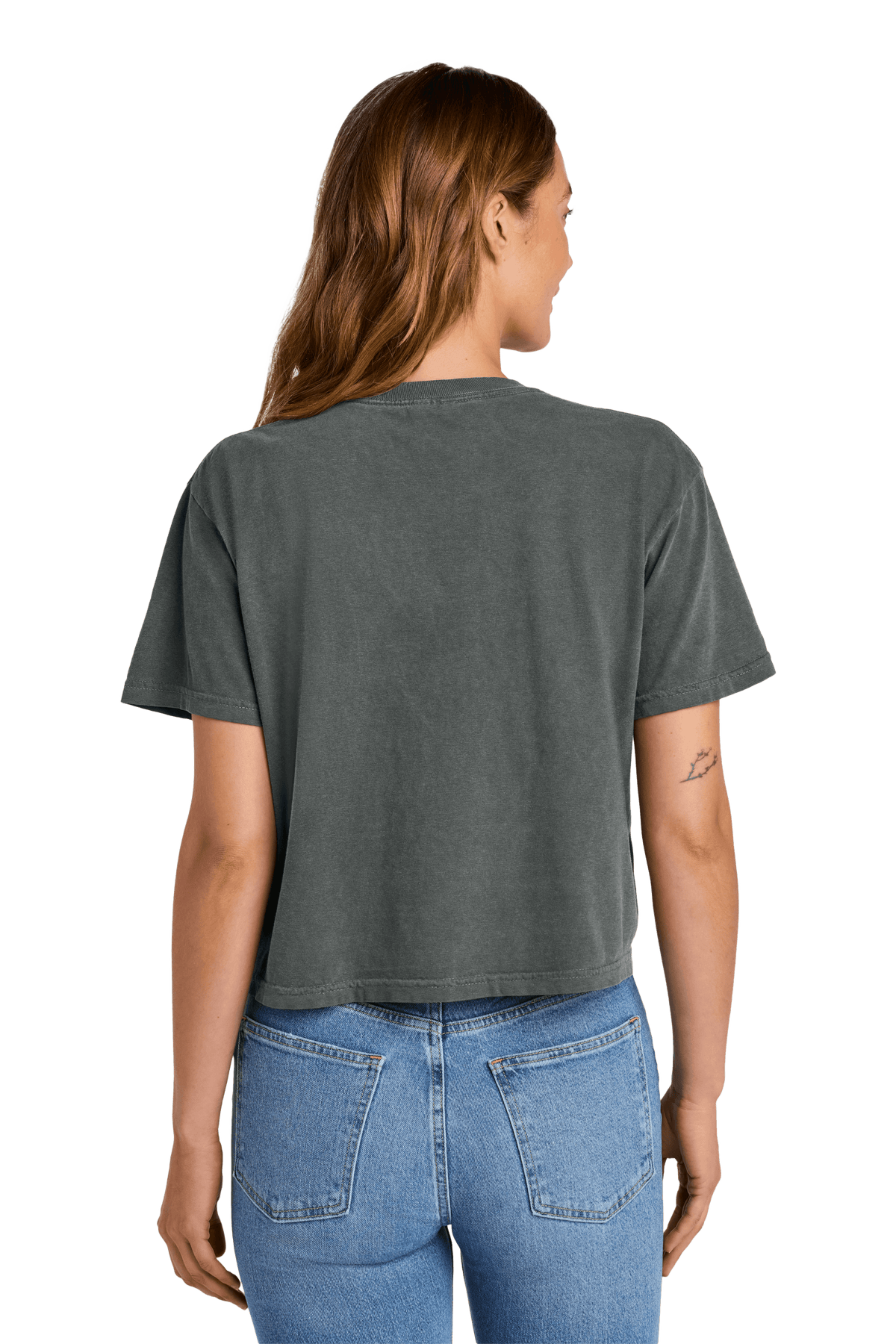 Comfort Colors women's heavyweight crop top with a relaxed fit, garment-dyed in pepper color, featuring custom print on the back.